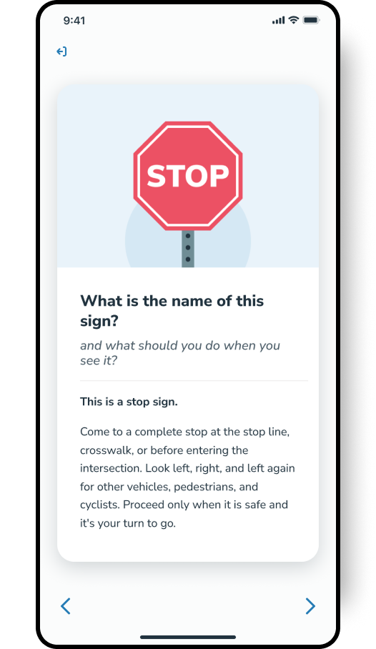 Flashcard study tool showing a stop sign identification card on a phone screen